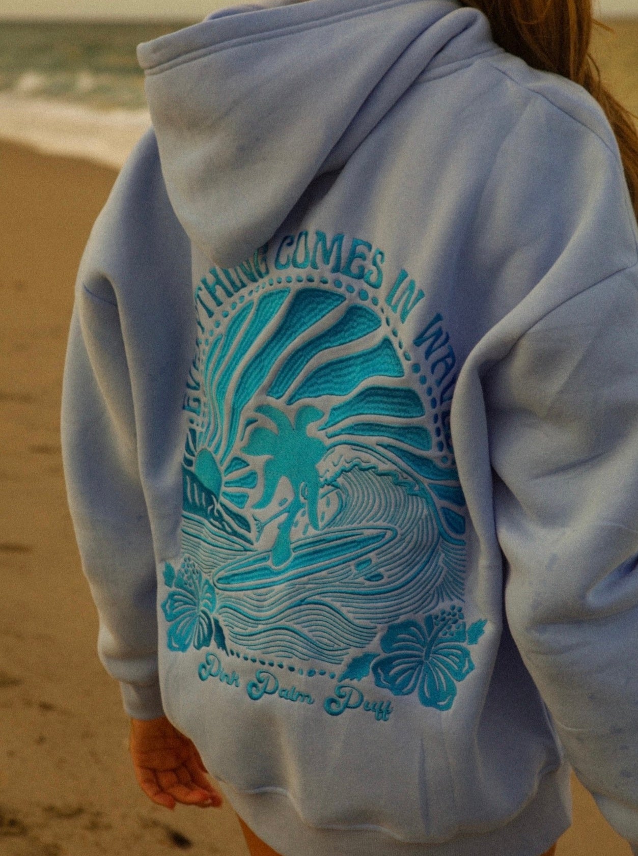 Everything Comes in Waves Oversized Hoodie in Blue – Pink Palm Puff