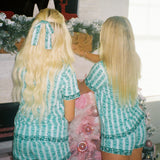 Pink Palm Pajamas in Evergreen + Holiday Bow Set