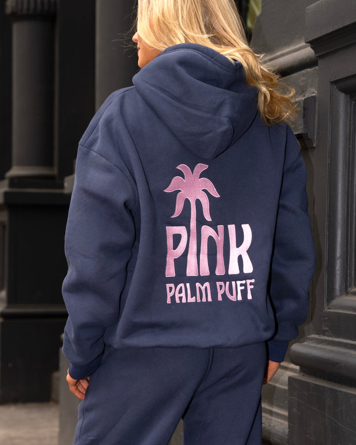 Classic puff hoodie in navy pink palm puff