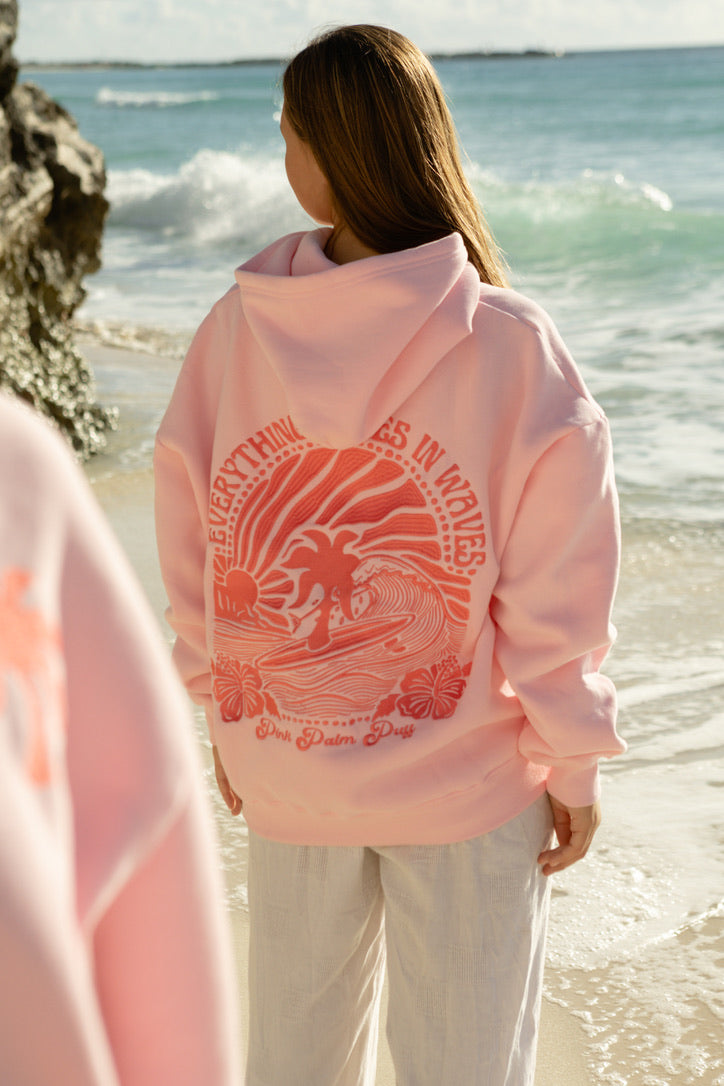 Everything Comes in Waves Oversized Hoodie in Pink – Pink Palm Puff