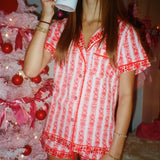 Pink Palm Pajamas in Cranberry + Holiday Bow Set