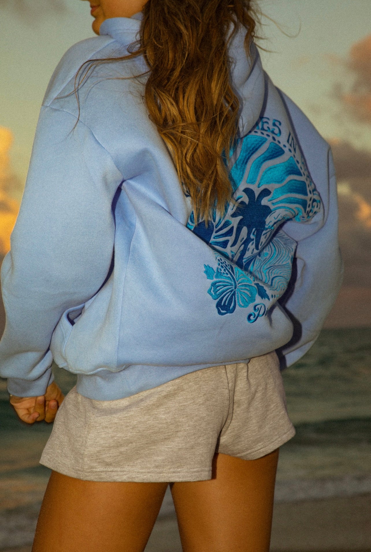 Everything Comes in Waves Oversized Hoodie in Blue – Pink Palm Puff