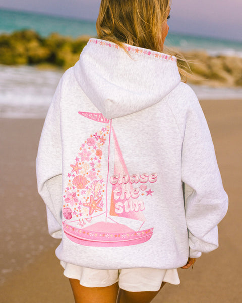 Chase the Sun” Relaxed Hoodie in Heather Cloud | Pink Palm Puff