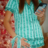 Pink Palm Pajamas in Evergreen + Holiday Bow Set