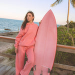 matching coral pink set, with pink palm puff pattern border