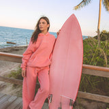 matching coral pink set, with pink palm puff pattern border