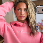 matching coral pink set, with pink palm puff pattern border