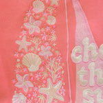 matching coral pink set, with pink palm puff pattern border
