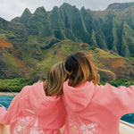 matching coral pink set, with pink palm puff pattern border