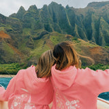 matching coral pink set, with pink palm puff pattern border