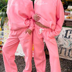 matching coral pink set, with pink palm puff pattern border