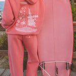 matching coral pink set, with pink palm puff pattern border