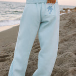 Matching powder blue sweat set with Pink Palm Puff shell pattern border. GWalking toward the beach, shot from behind. Golden hour, soft sand, ocean and low dunes in frame. Aesthetic beach editorial, warm natural light, film grain.