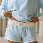 signature short in blue breeze, relaxed fit with elastic waistband, front view