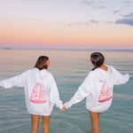 "Chase the Sun" Relaxed Hoodie, relaxed fit with an adjustable drawstring hood and pocket, in Heather Cloud - coastal preppy aesthetic beach style by Pink Palm Puff