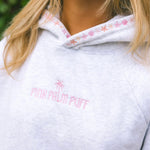 "Chase the Sun" Relaxed Hoodie, relaxed fit with an adjustable drawstring hood and pocket, in Heather Cloud - coastal preppy aesthetic beach style by Pink Palm Puff