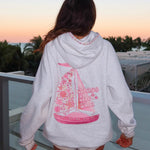 "Chase the Sun" Relaxed Hoodie, relaxed fit with an adjustable drawstring hood and pocket, in Heather Cloud - coastal preppy aesthetic beach style by Pink Palm Puff