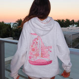 "Chase the Sun" Relaxed Hoodie, relaxed fit with an adjustable drawstring hood and pocket, in Heather Cloud - coastal preppy aesthetic beach style by Pink Palm Puff