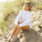 "Chase the Sun" Relaxed Hoodie, relaxed fit with an adjustable drawstring hood and pocket, in Heather Cloud - coastal preppy aesthetic beach style by Pink Palm Puff