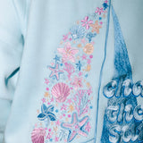 "Chase the Sun" Relaxed Hoodie, relaxed fit with an adjustable drawstring hood and pocket, in Sky Blue - coastal preppy aesthetic beach style by Pink Palm Puff