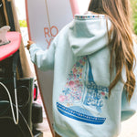 "Chase the Sun" Relaxed Hoodie, relaxed fit with an adjustable drawstring hood and pocket, in Sky Blue - coastal preppy aesthetic beach style by Pink Palm Puff