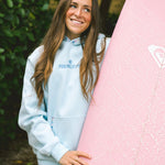 "Chase the Sun" Relaxed Hoodie, relaxed fit with an adjustable drawstring hood and pocket, in Sky Blue - coastal preppy aesthetic beach style by Pink Palm Puff