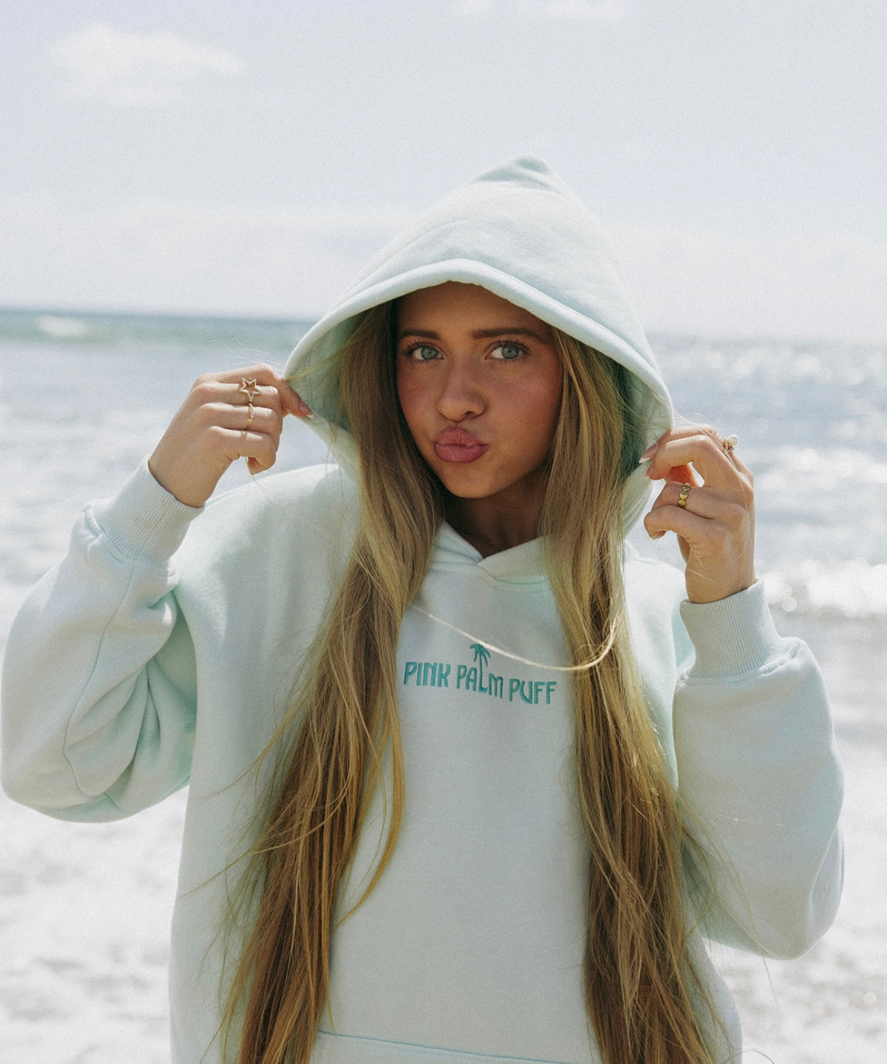 Classic Puff Hoodie, adjustable drawstring hood and pocket, in Mint Breeze - coastal preppy aesthetic beach style by Pink Palm Puff