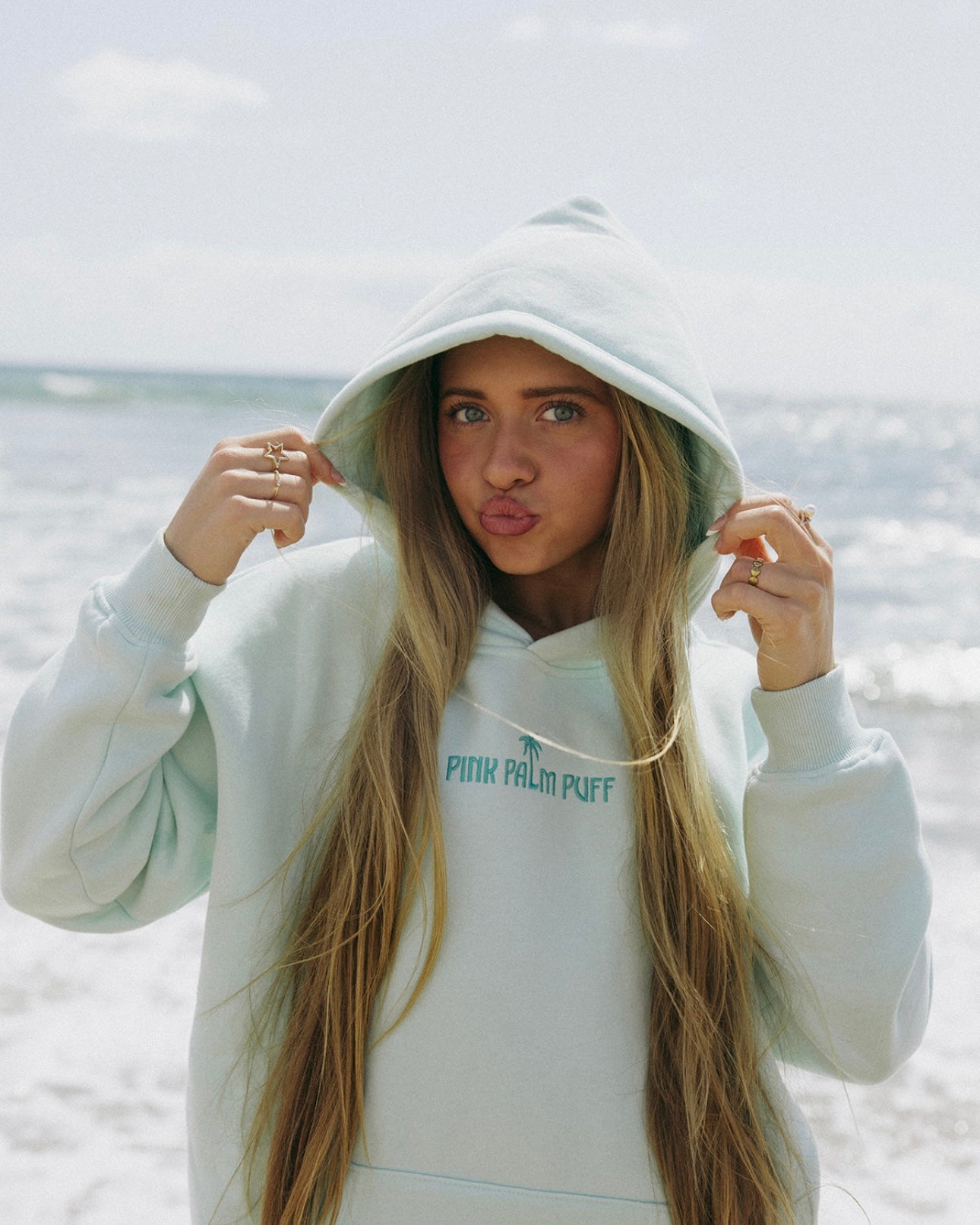 Classic Puff Hoodie, adjustable drawstring hood and pocket, in Mint Breeze - coastal preppy aesthetic beach style by Pink Palm Puff
