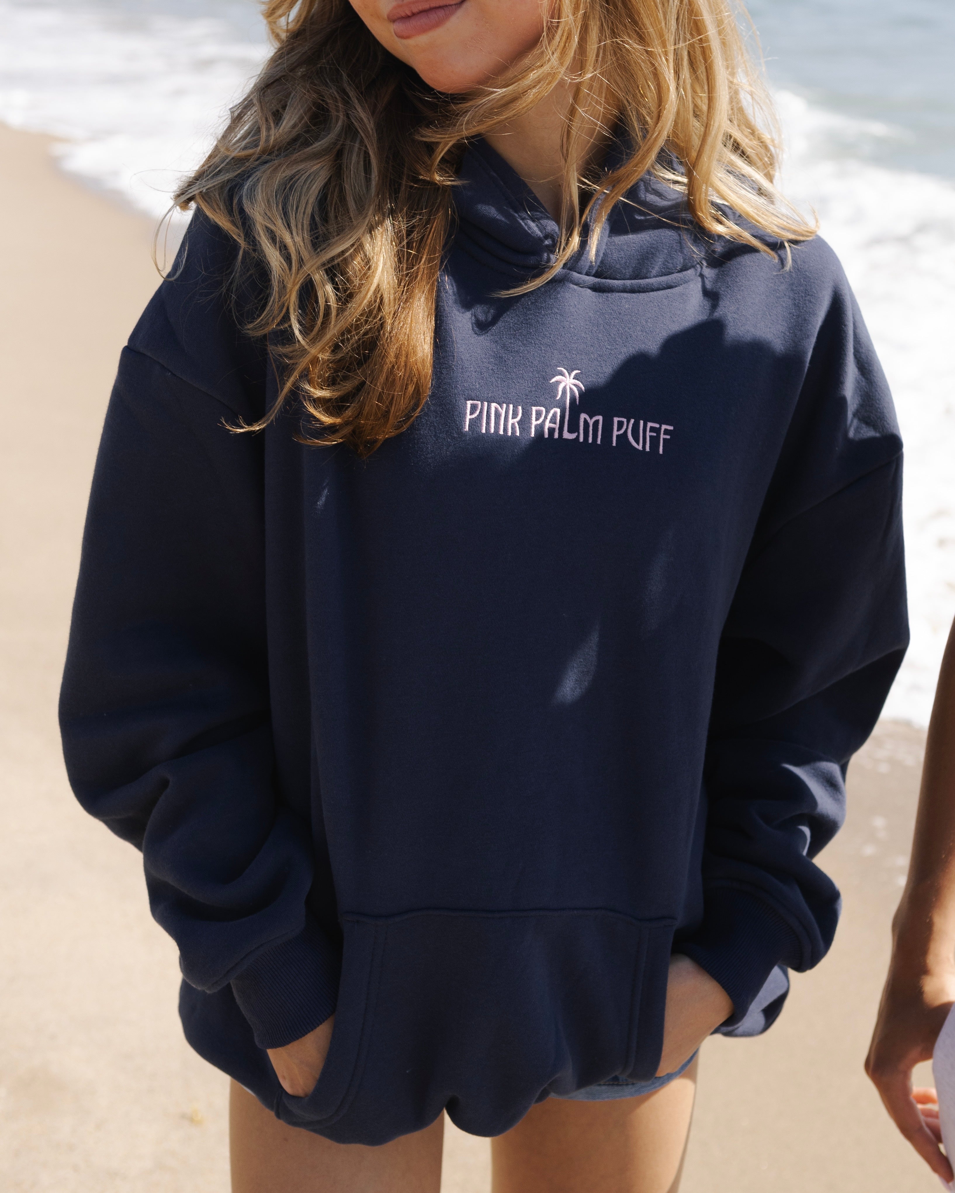 Classic Puff Hoodie, adjustable drawstring hood and pocket, in Navy - coastal preppy aesthetic beach style by Pink Palm Puff
