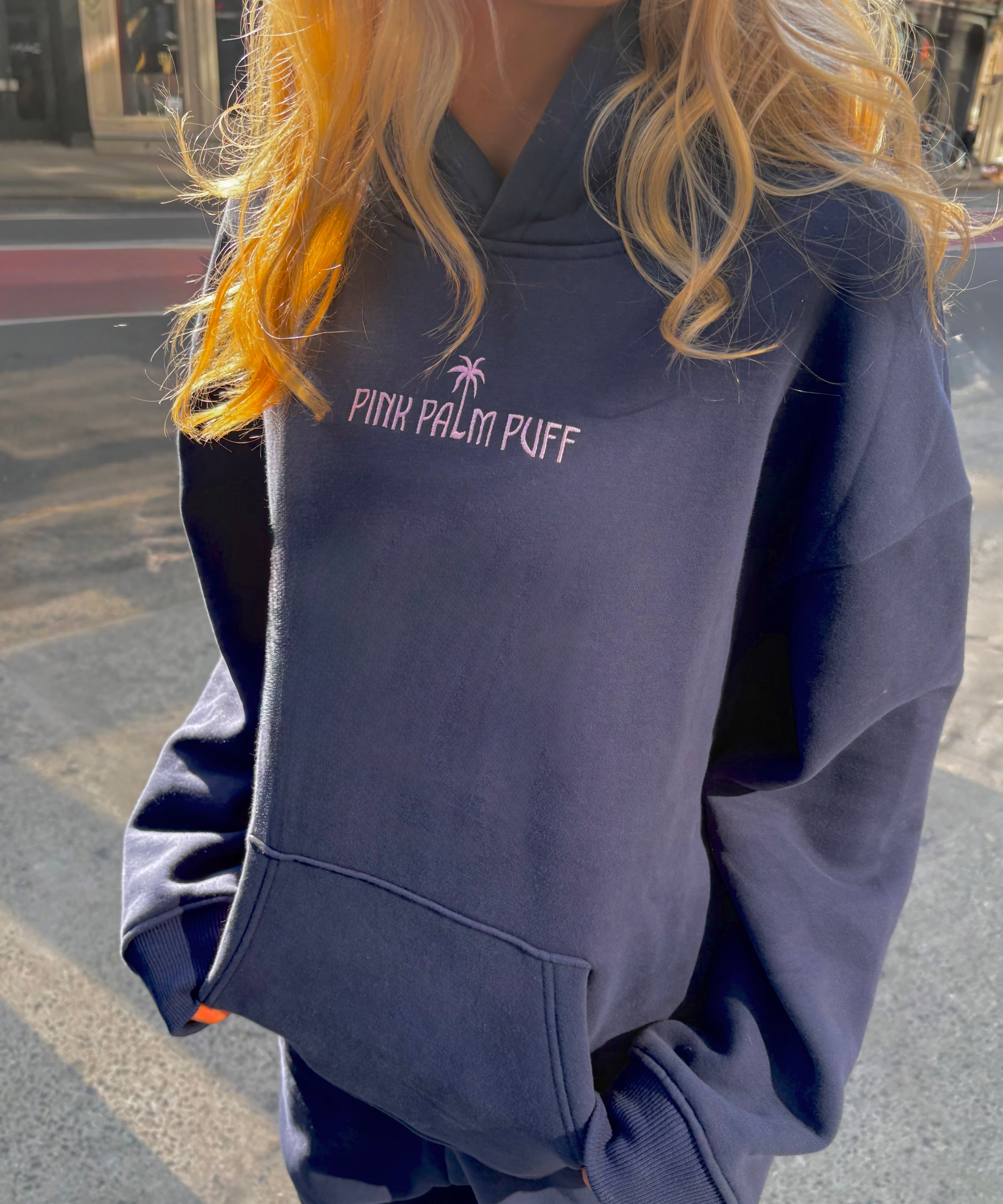 Classic Puff Hoodie, adjustable drawstring hood and pocket, in Navy - coastal preppy aesthetic beach style by Pink Palm Puff