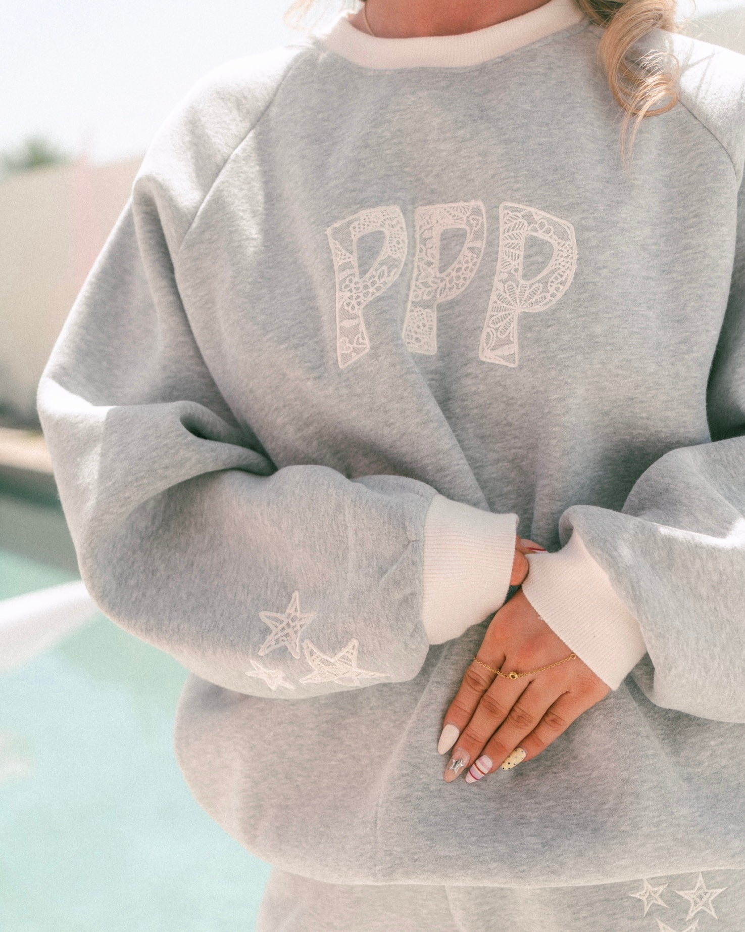 "Daydream" Classic Crew, ribbed crew neckline and relaxed fit, in Sky Grey - coastal preppy aesthetic beach style by Pink Palm Puff