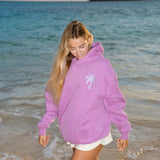 "Everything Comes in Waves" Hoodie, adjustable drawstring hood and pocket, in Açai - coastal preppy aesthetic beach style by Pink Palm Puff