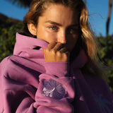 "Everything Comes in Waves" Hoodie, adjustable drawstring hood and pocket, in Açai - coastal preppy aesthetic beach style by Pink Palm Puff