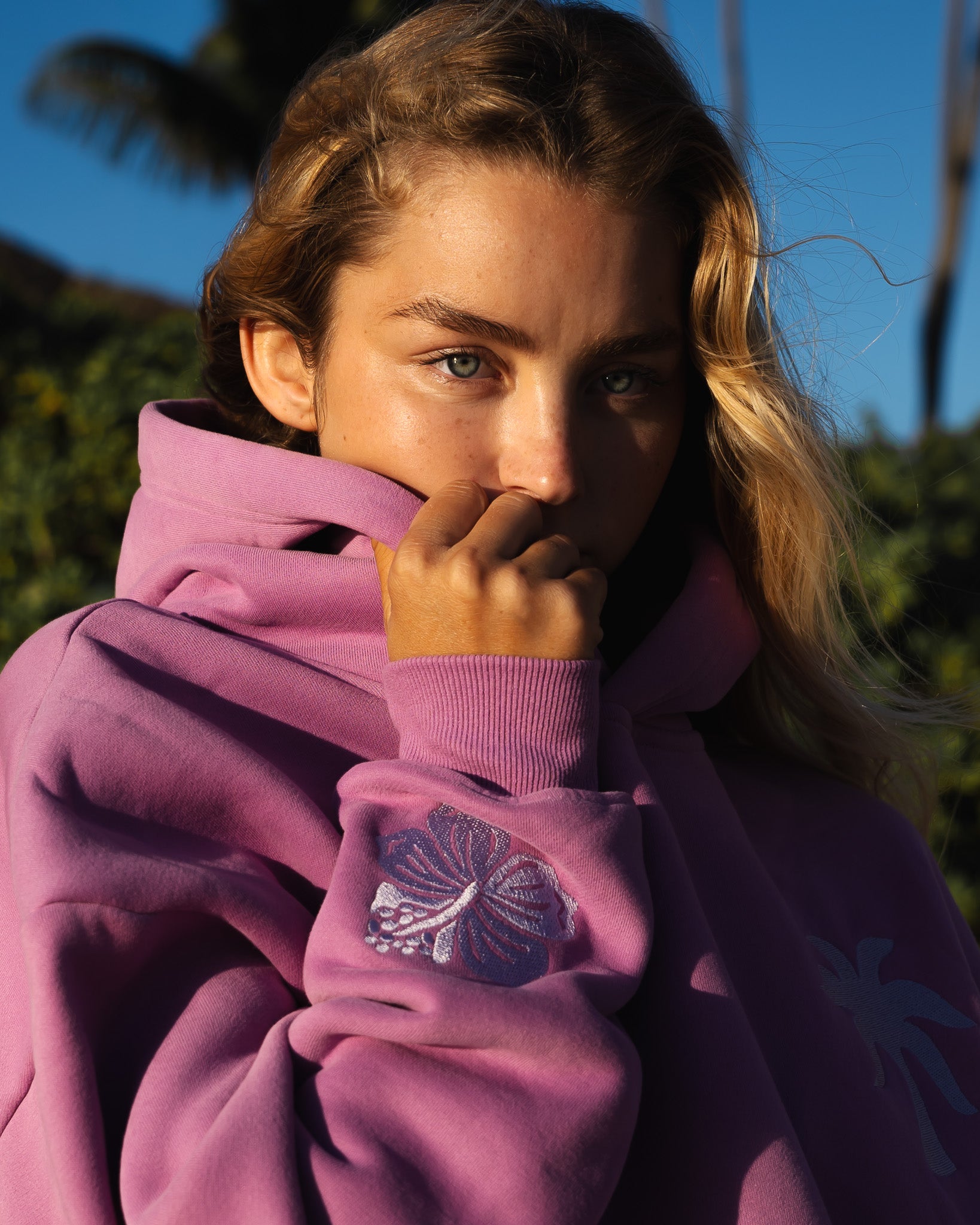 "Everything Comes in Waves" Hoodie, adjustable drawstring hood and pocket, in Açai - coastal preppy aesthetic beach style by Pink Palm Puff