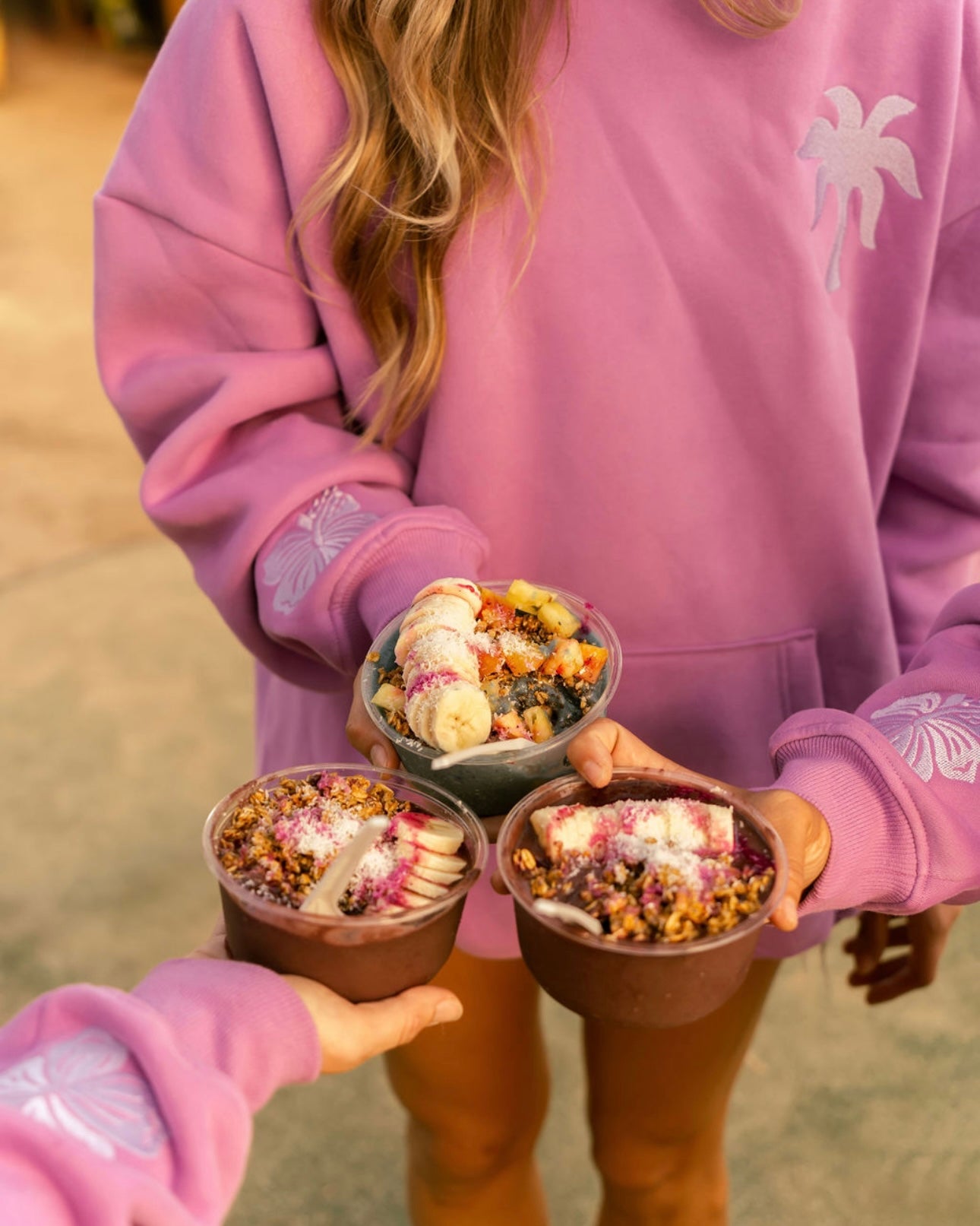 "Everything Comes in Waves" Hoodie, adjustable drawstring hood and pocket, in Açai - coastal preppy aesthetic beach style by Pink Palm Puff