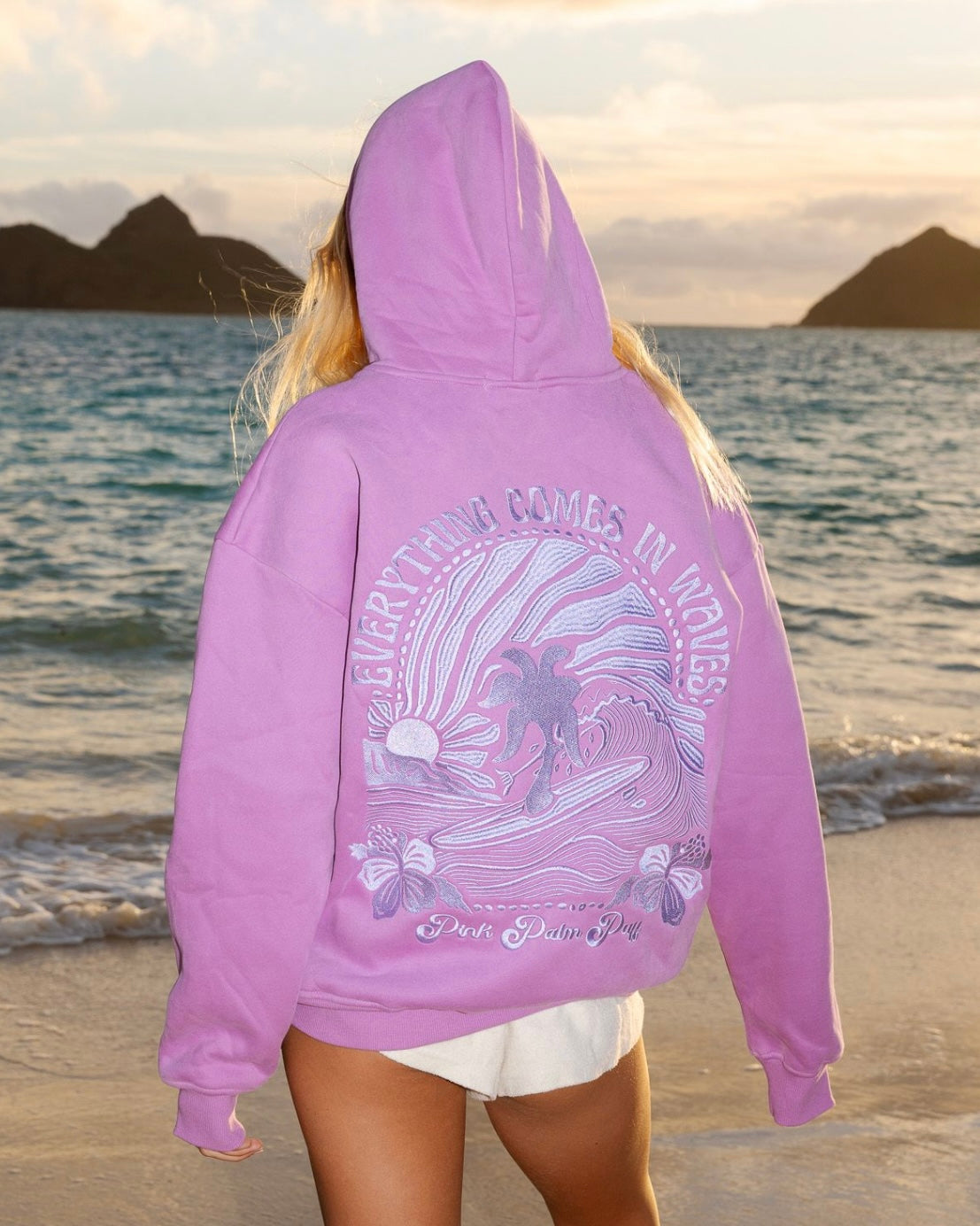 "Everything Comes in Waves" Hoodie, adjustable drawstring hood and pocket, in Açai - coastal preppy aesthetic beach style by Pink Palm Puff