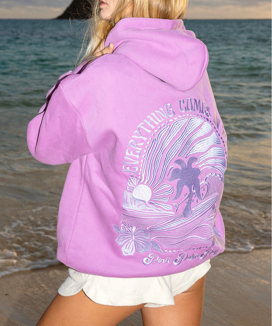 "Everything Comes in Waves" Hoodie, adjustable drawstring hood and pocket, in Açai - coastal preppy aesthetic beach style by Pink Palm Puff