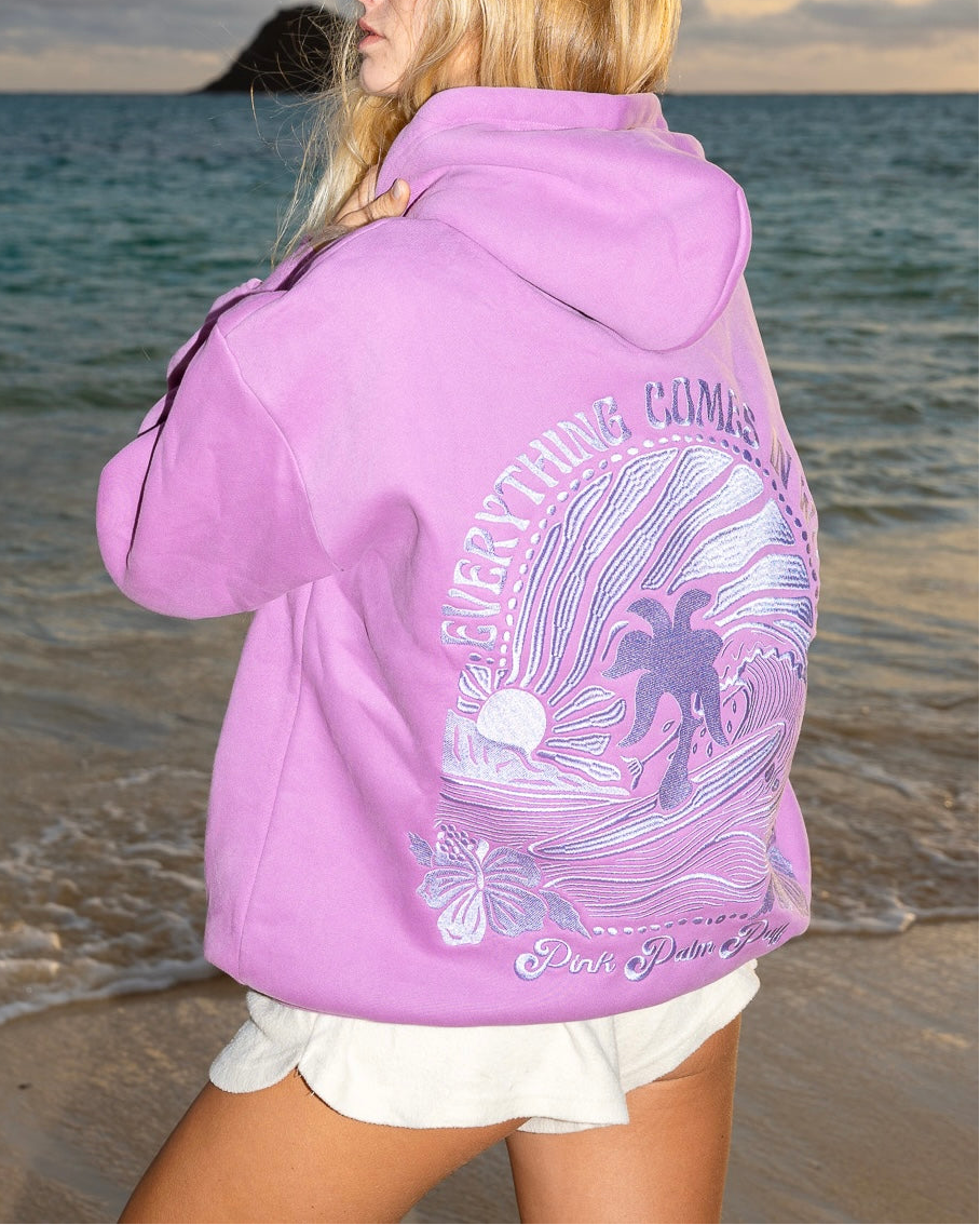 "Everything Comes in Waves" Hoodie, adjustable drawstring hood and pocket, in Açai - coastal preppy aesthetic beach style by Pink Palm Puff