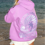 "Everything Comes in Waves" Hoodie, adjustable drawstring hood and pocket, in Açai - coastal preppy aesthetic beach style by Pink Palm Puff