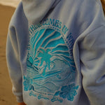 "Everything Comes in Waves" Hoodie, adjustable drawstring hood and pocket, in Blue - coastal preppy aesthetic beach style by Pink Palm Puff