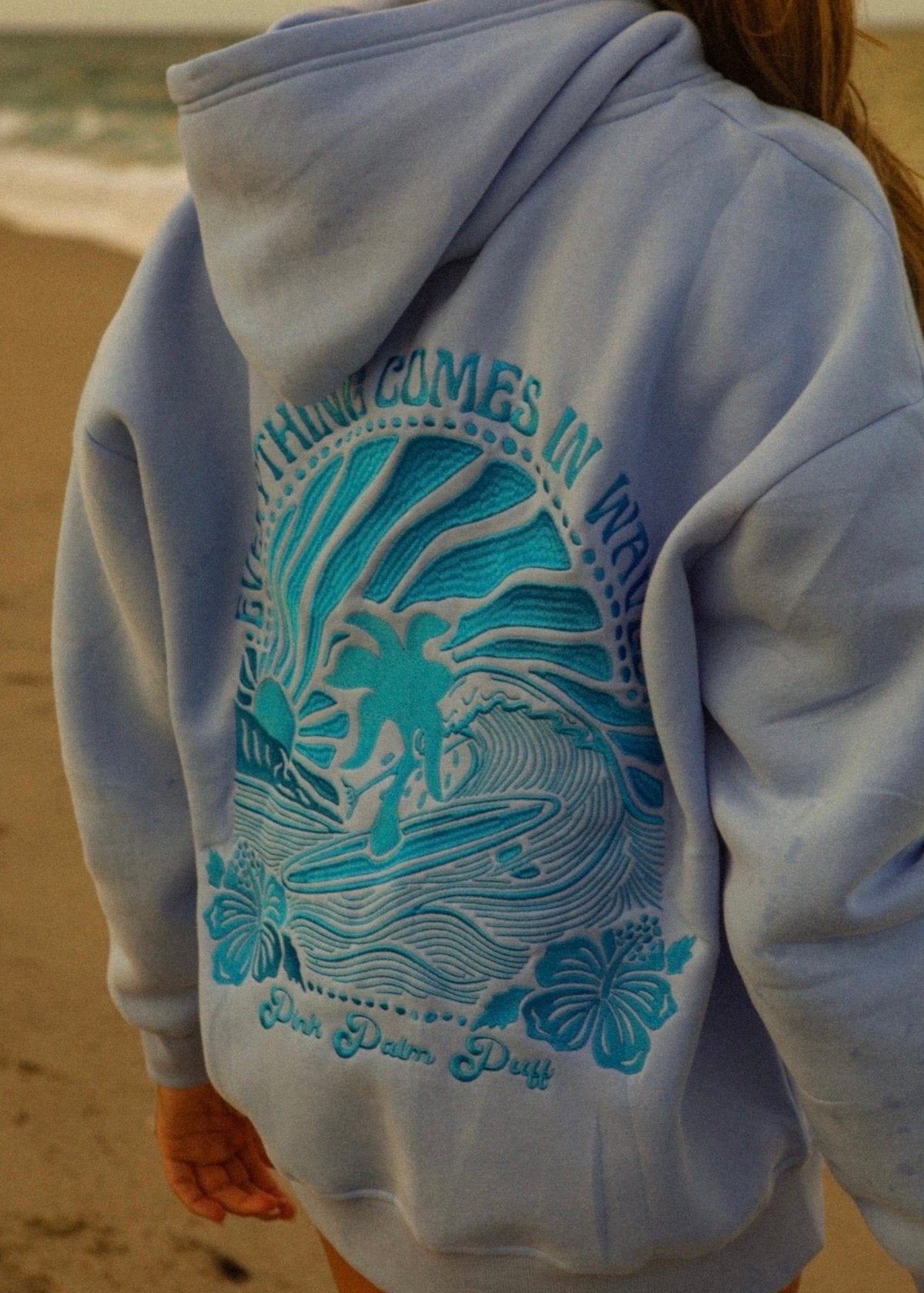 "Everything Comes in Waves" Hoodie, adjustable drawstring hood and pocket, in Blue - coastal preppy aesthetic beach style by Pink Palm Puff