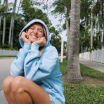 "Everything Comes in Waves" Hoodie, adjustable drawstring hood and pocket, in Blue - coastal preppy aesthetic beach style by Pink Palm Puff