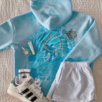 "Everything Comes in Waves" Hoodie, adjustable drawstring hood and pocket, in Blue - coastal preppy aesthetic beach style by Pink Palm Puff