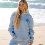 "Everything Comes in Waves" Hoodie, adjustable drawstring hood and pocket, in Blue - coastal preppy aesthetic beach style by Pink Palm Puff