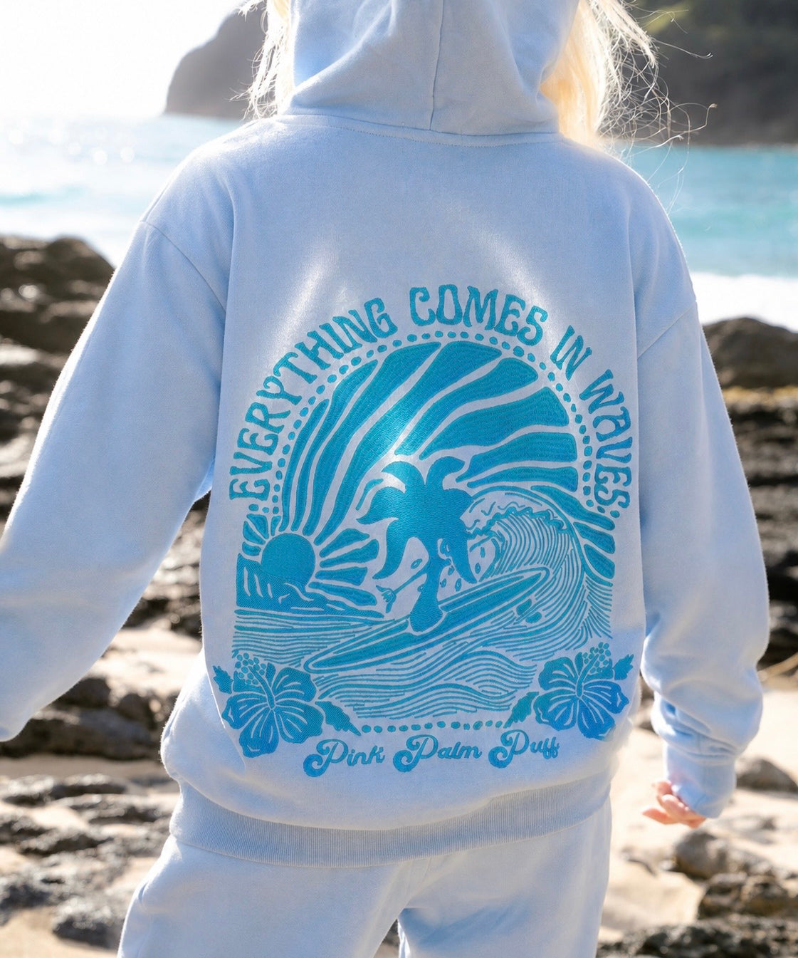 "Everything Comes in Waves" Hoodie, adjustable drawstring hood and pocket, in Blue - coastal preppy aesthetic beach style by Pink Palm Puff