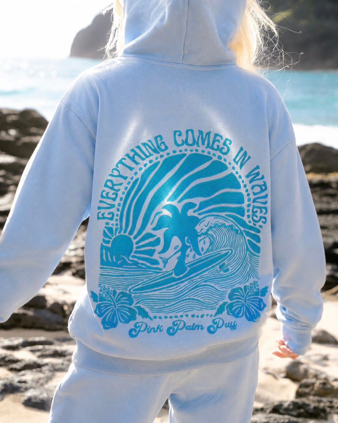 "Everything Comes in Waves" Hoodie, adjustable drawstring hood and pocket, in Blue - coastal preppy aesthetic beach style by Pink Palm Puff