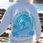"Everything Comes in Waves" Hoodie, adjustable drawstring hood and pocket, in Blue - coastal preppy aesthetic beach style by Pink Palm Puff
