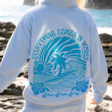 "Everything Comes in Waves" Hoodie, adjustable drawstring hood and pocket, in Blue - coastal preppy aesthetic beach style by Pink Palm Puff