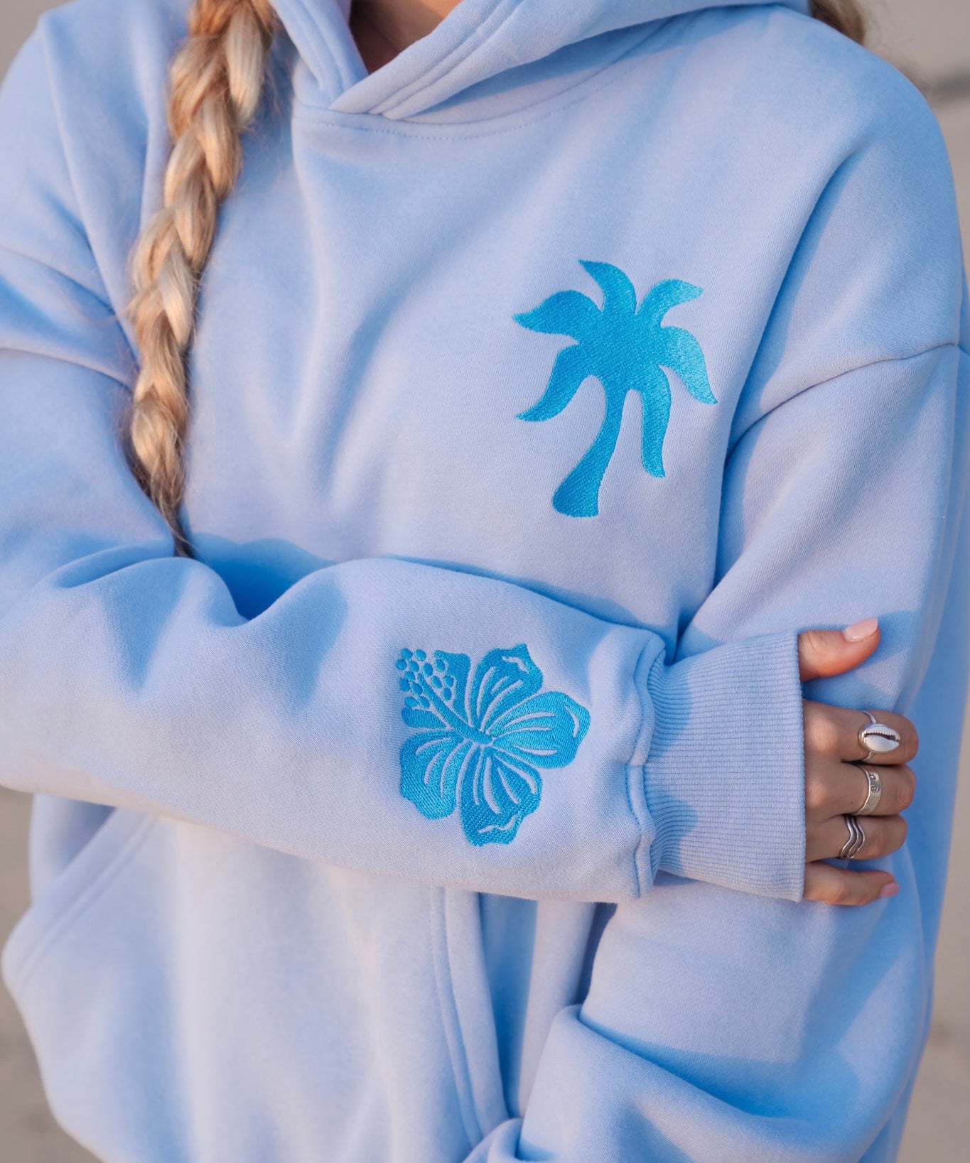 "Everything Comes in Waves" Hoodie, adjustable drawstring hood and pocket, in Blue - coastal preppy aesthetic beach style by Pink Palm Puff