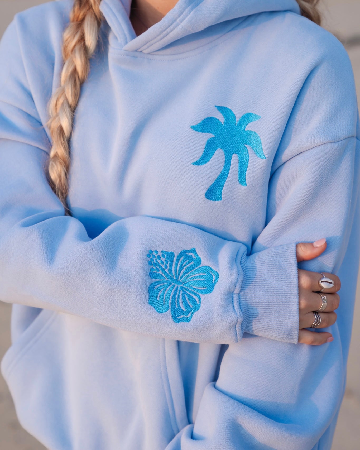 "Everything Comes in Waves" Hoodie, adjustable drawstring hood and pocket, in Blue - coastal preppy aesthetic beach style by Pink Palm Puff
